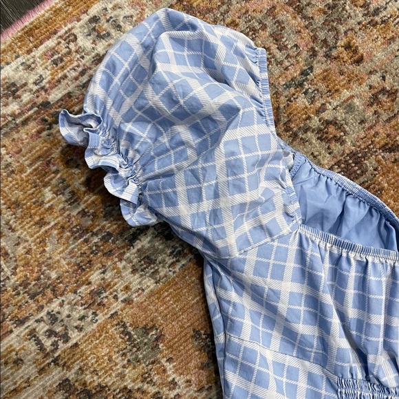 Baby Blue Plaid Puff Sleeve Crop Top Daisy Duke Medium - Picture 4 of 11